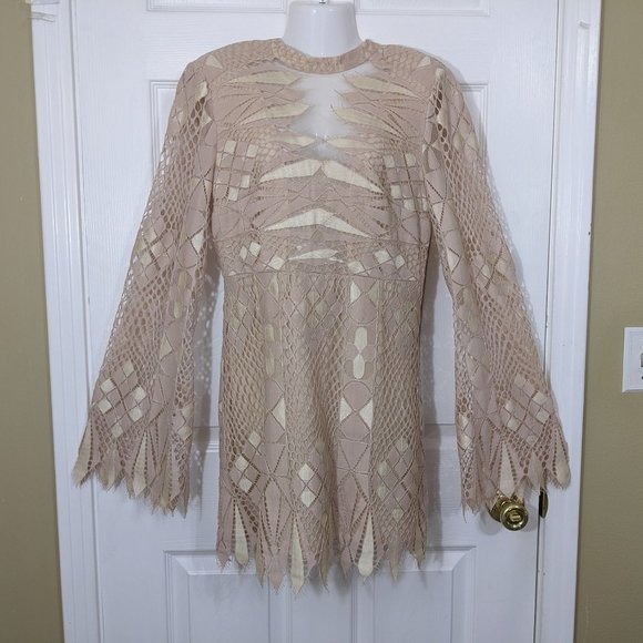 Free People Ivory Beige Deco Lace Cutout Eyelash Hem Bell Sleeve Mini Dress - 8* - Picture 4 of 15